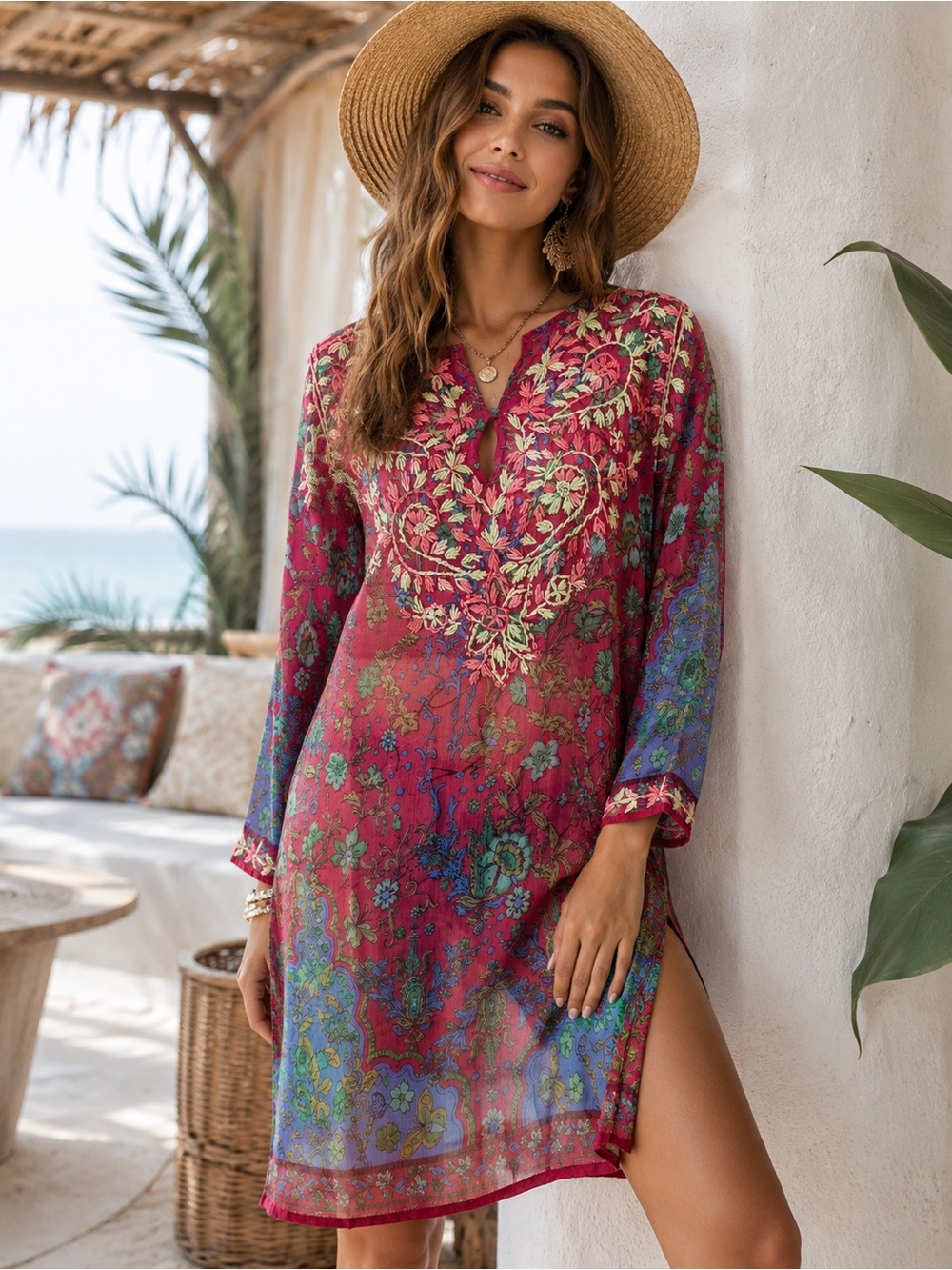 Raj 100% Silk Embroidered Boho Tunic Mini Dress India Medium Beach Cover Up